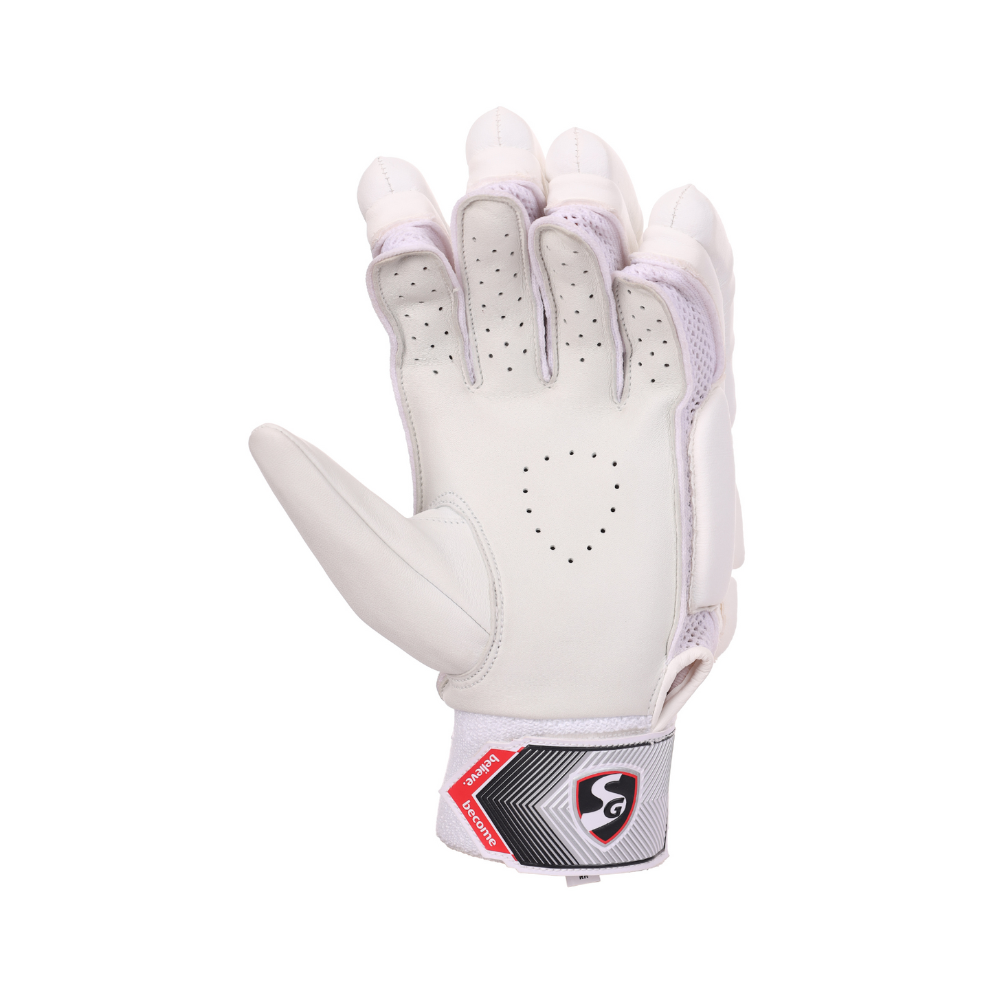 White batting gloves by Cric Studio Canada featuring padded palms and adjustable wrist straps for cricket batting comfort.