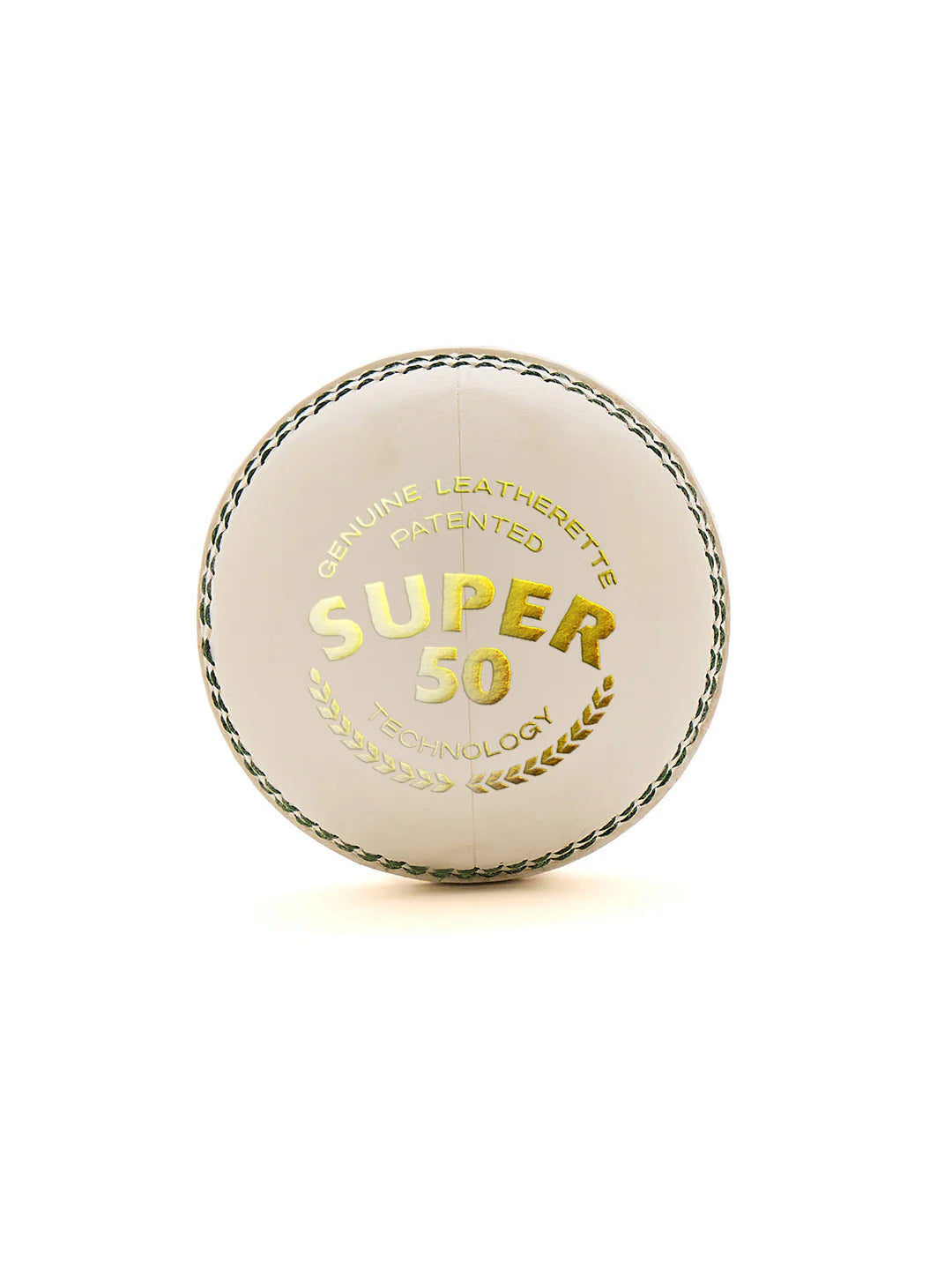 White cricket leather ball from SG Super 50 by Cric Studio Canada, showing a close-up of the smooth leather surface.