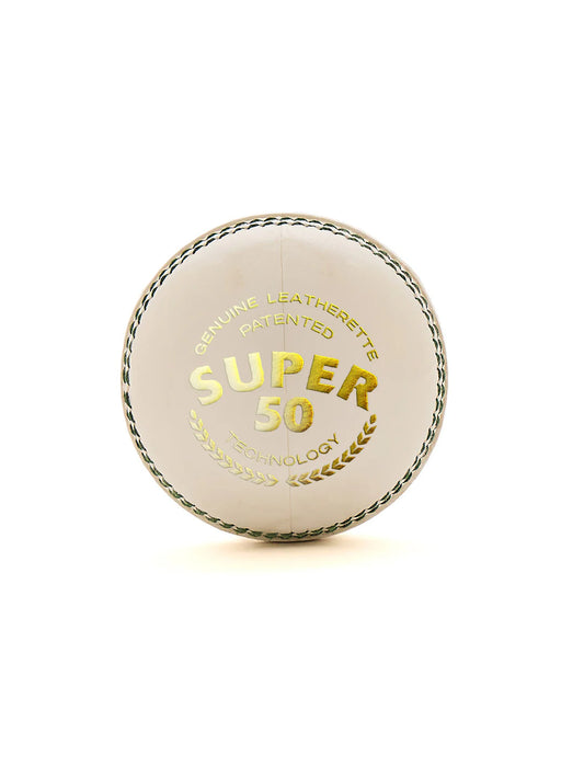White leather cricket ball from SG Super 50 series by Cric Studio Canada, showing close-up of the textured surface.
