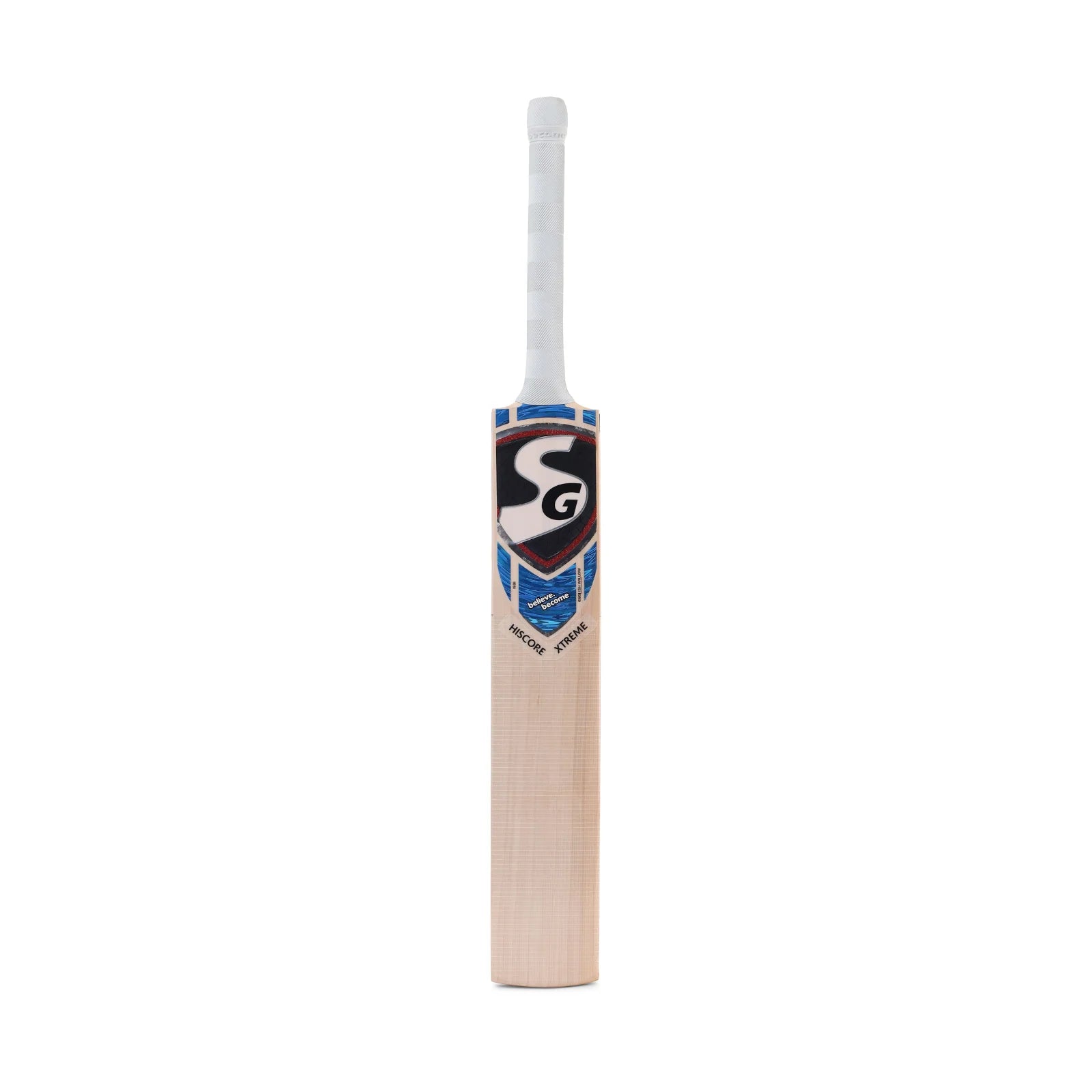 Cricket bat from Cric Studio Canada SG Hiscore Extreme English Willow, showcasing a sleek wooden design and grip handle.