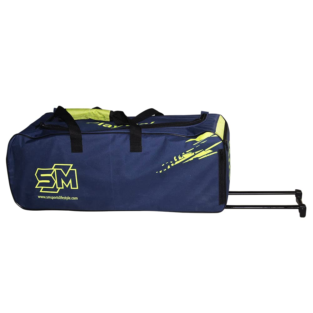 Cric Studio Canada SM Drive-X cricket kit bag with wheels and trolley, black and red design, spacious for cricket gear storage.