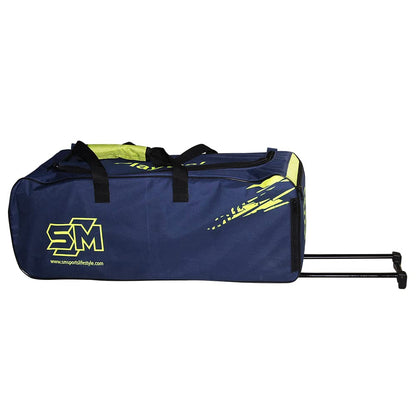 Cric Studio Canada SM Drive-X cricket kit bag with wheels and trolley, black and red design, spacious for cricket gear storage.