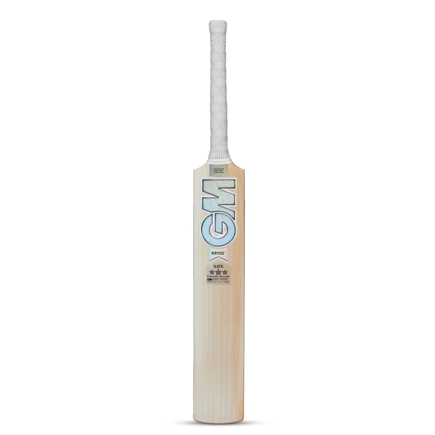 Cric Studio Canada GM 505 Kryos English Willow Cricket Bat with a sturdy handle and smooth blade for cricket gameplay.