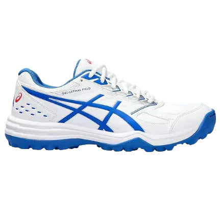 Asics Gel Lethal Field cricket shoes in white with blue accents, featuring cushioned soles and sturdy design for cricket gameplay.