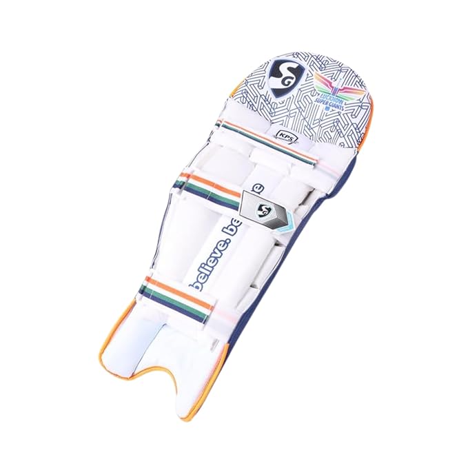 Cricket batting leg guard for Lucknow Super Giants by Cric Studio Canada, featuring protective padding and team colors.