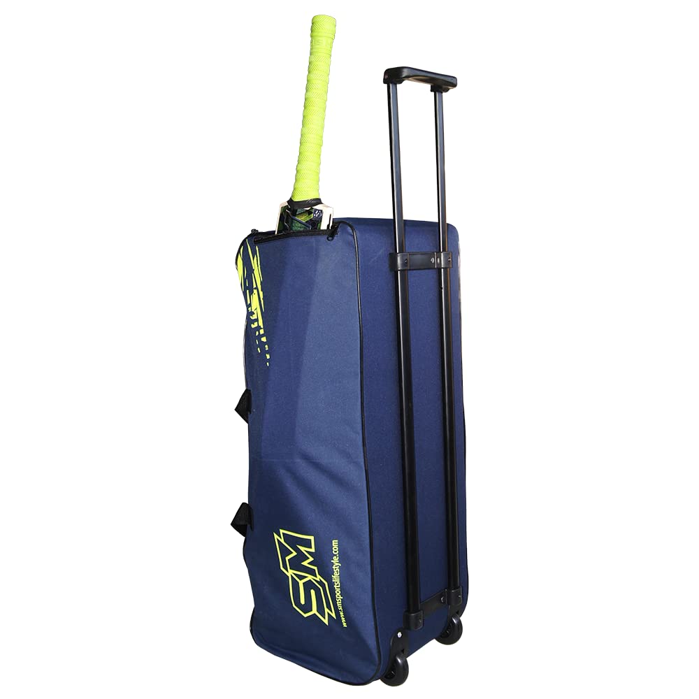 Cric Studio Canada SM Drive-X cricket kit bag with wheelie trolley design, black and red color, large main compartment and sturdy handles.