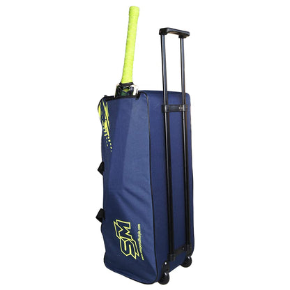 Cric Studio Canada SM Drive-X cricket kit bag with wheelie trolley design, black and red color, large main compartment and sturdy handles.