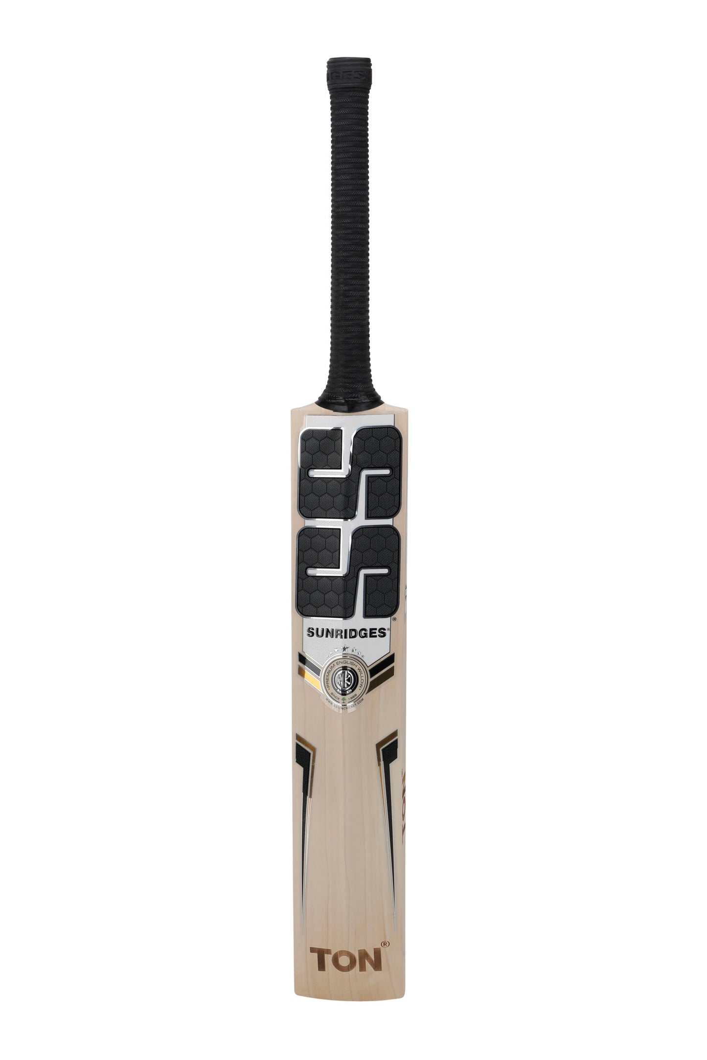 Cricket bat from SS Heritage E.W. series by Cric Studio Canada, showing polished wooden blade and handle with grip.