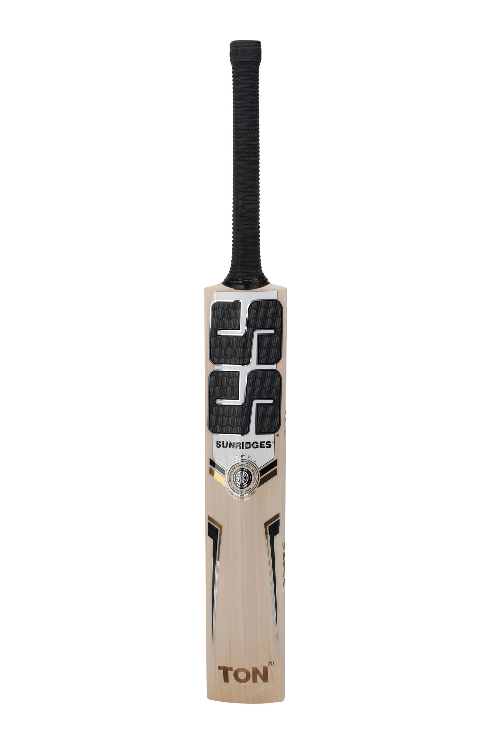 Cricket bat from SS Heritage E.W. series by Cric Studio Canada, showing polished wooden blade and handle with grip.