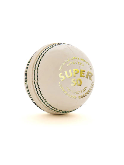White cricket leather ball, SG SUPER 50 from Cric Studio Canada, showing detailed stitching and smooth leather surface.