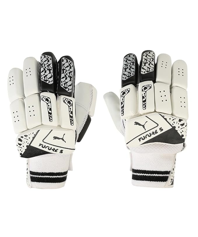 Puma Future 5 batting gloves by Cric Studio Canada, black and yellow cricket gloves with padded palms and adjustable wrist straps.