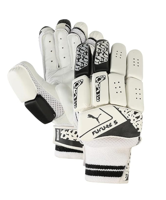 Puma Future 5 batting gloves with black and yellow design, padded palms, and adjustable wrist straps for cricket batting protection.