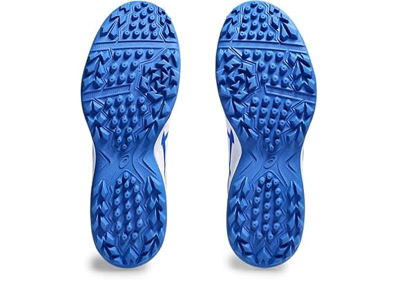 Asics Gel Lethal Field cricket shoes with white and blue design, featuring gel cushioning and durable outsole for cricket playing.