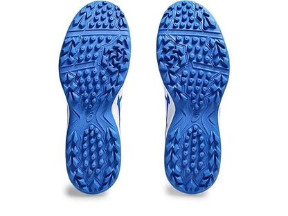 Asics Gel Lethal Field cricket shoes with white and blue design, featuring gel cushioning and durable outsole for cricket playing.