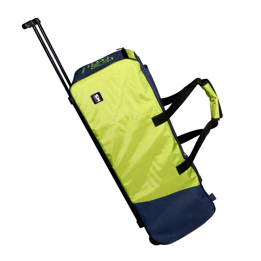 Cricket kit bag by Cric Studio Canada with wheels and trolley, featuring compartments for cricket gear and a sturdy handle.