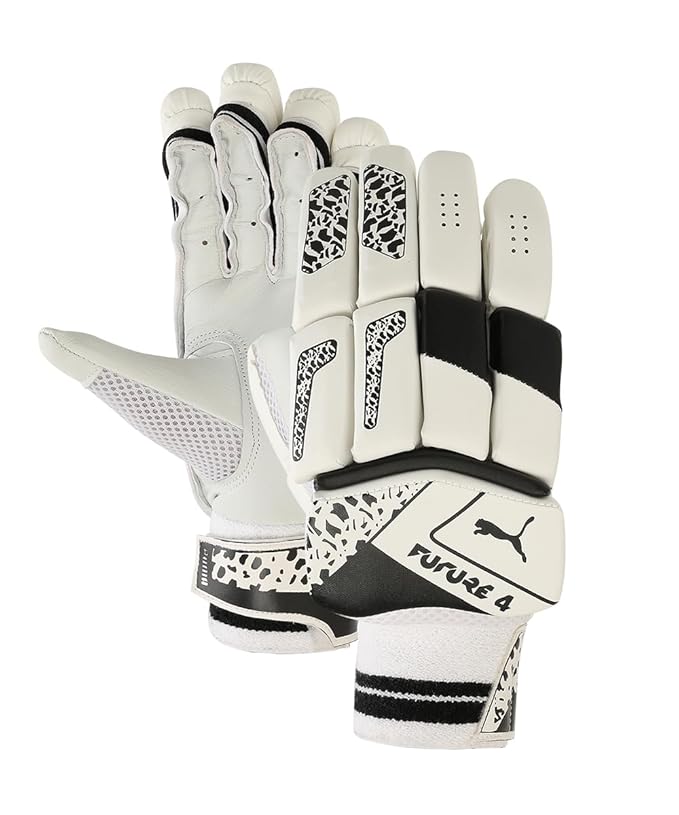 Puma Future 4 batting gloves with black and yellow design, cricket batting gloves with padded palms and adjustable wrist straps.