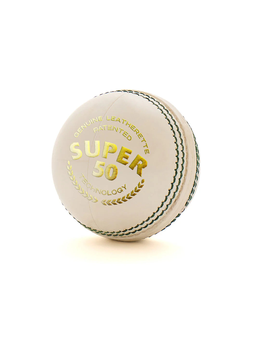 White cricket leather ball from SG SUPER 50 by Cric Studio Canada, showing detailed stitching and smooth leather surface.