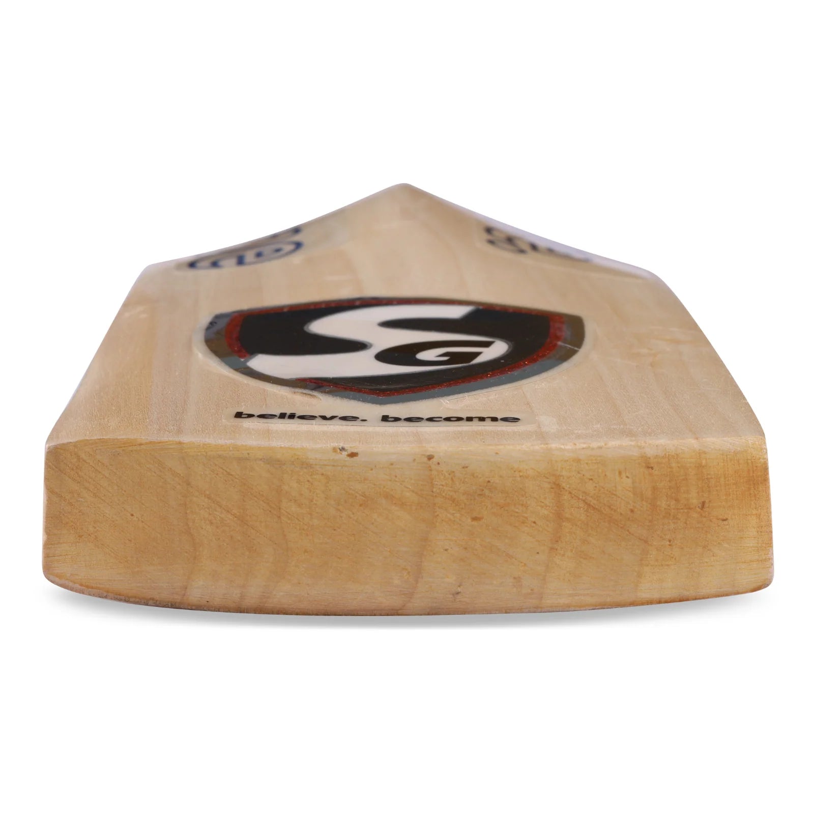 Cric Studio Canada SG Hiscore Extreme English Willow Cricket Bat resting on a surface, showcasing its handle and blade design.