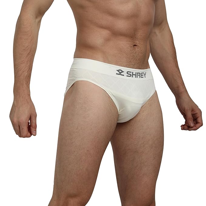 Shrey athletic supporter briefs in black with supportive waistband, designed for sports and active wear comfort.