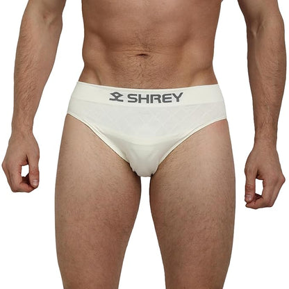 Shrey athletic supporter briefs in black, made of breathable fabric with supportive waistband and ergonomic design.