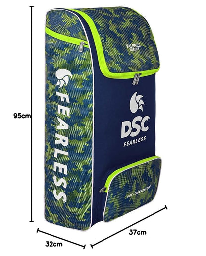 Cric Studio Canada DSC K/B Velence Target kitbag with black and yellow design, featuring multiple compartments and adjustable straps.