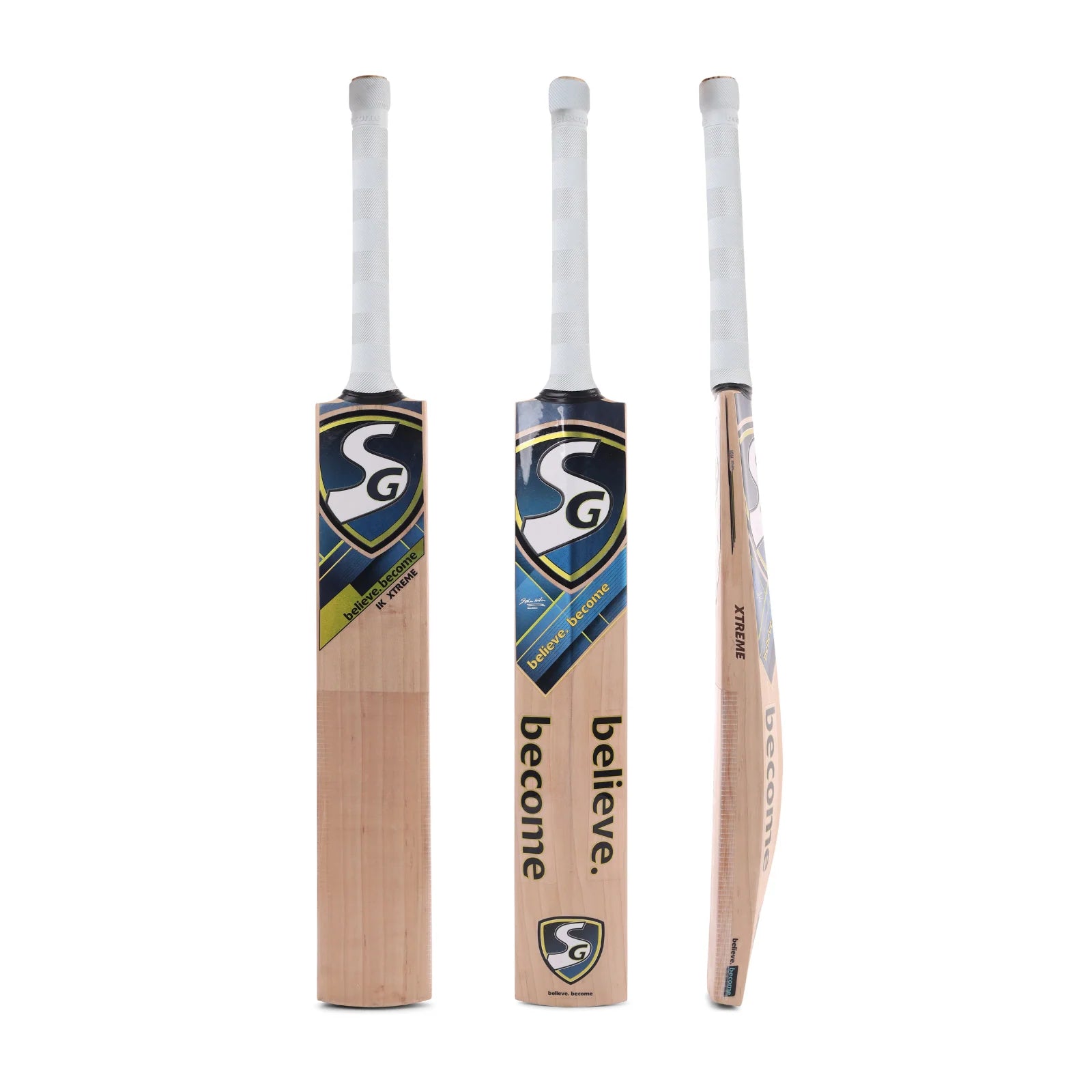 Cricket bat SG IK Xtreme 2025 by Cric Studio Canada, made with premium wood, featuring a thick edge and curved blade design.