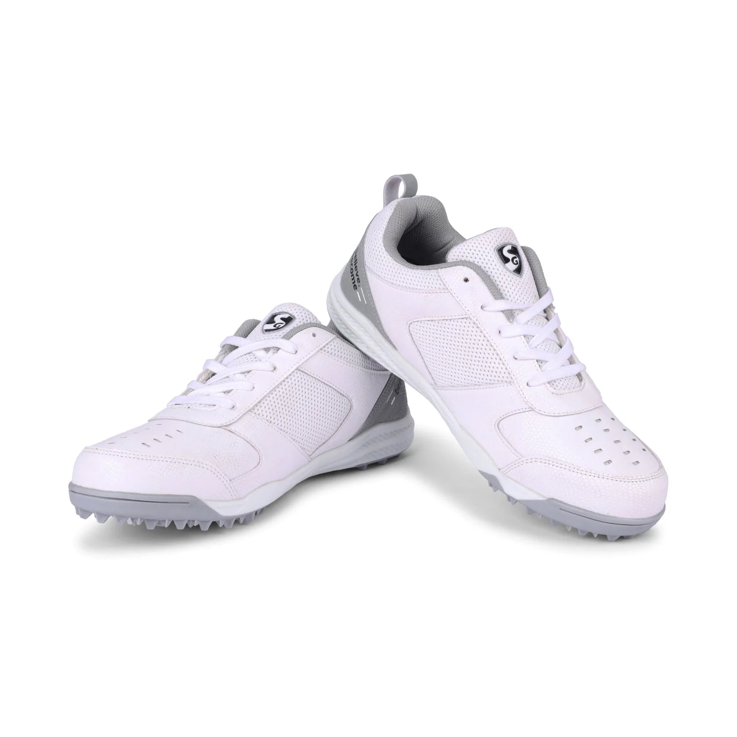 SG Cricket Shoes Fusion, athletic cricket shoes with supportive design and sporty look, shown in black with blue accents.