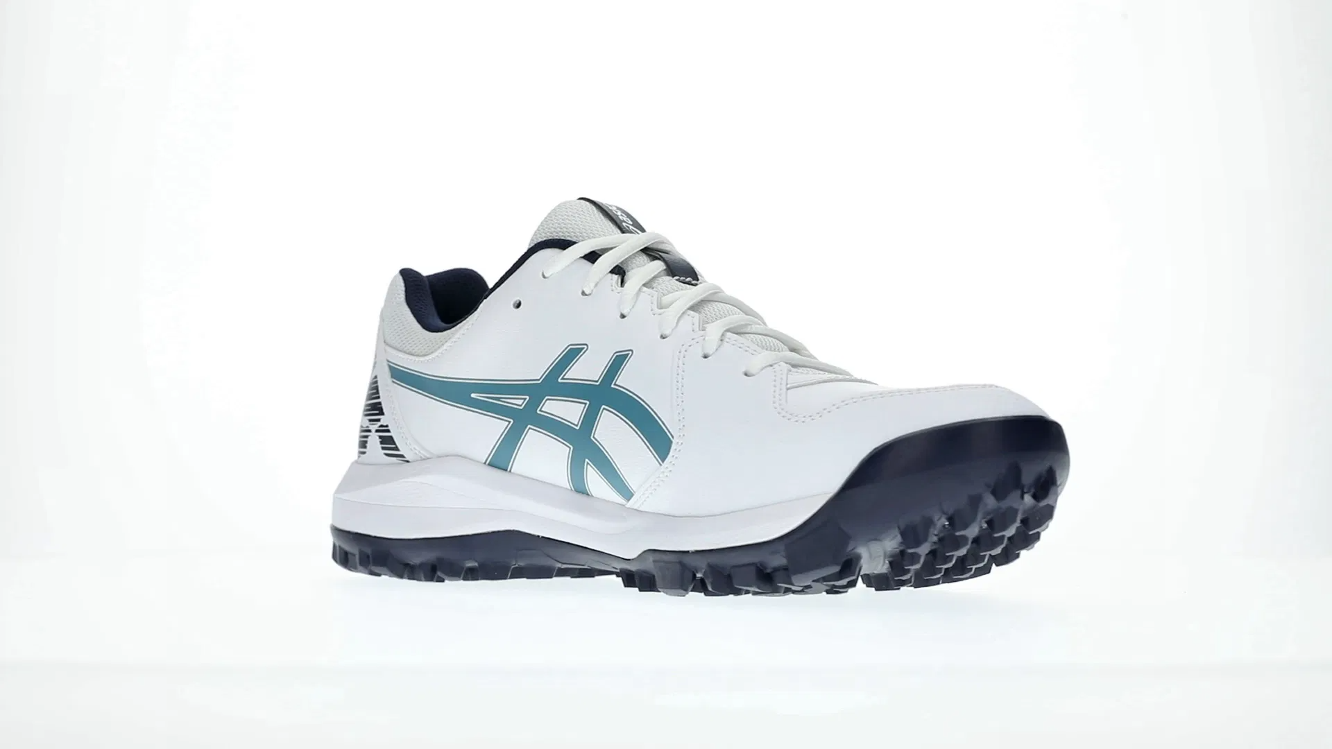 Asics Gel Lethal Field 2 cricket shoes with white and blue design, featuring gel cushioning and durable outsole for sports performance.