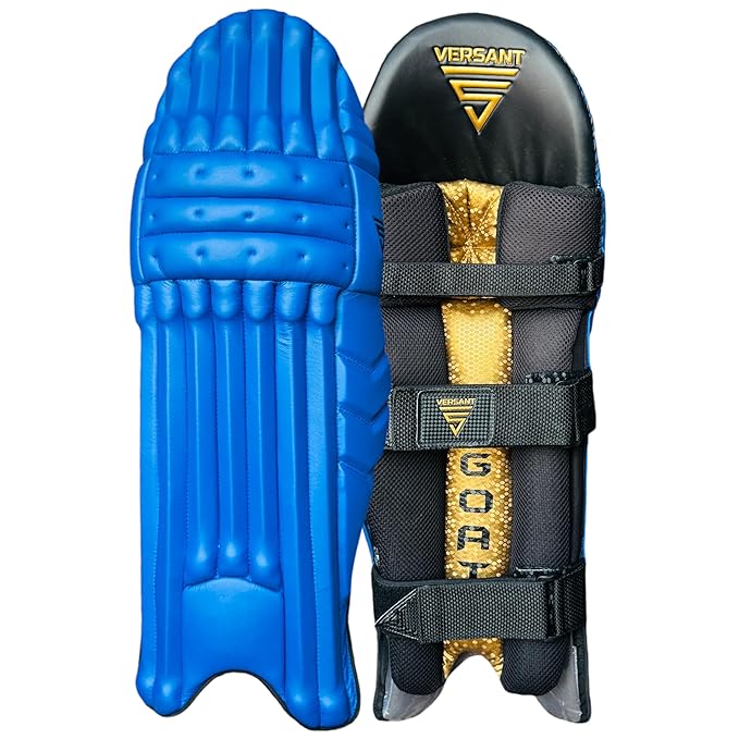 Cric Studio Canada Versant Batting Legguard GOAT Series with padded protection and adjustable straps, black and gray design.