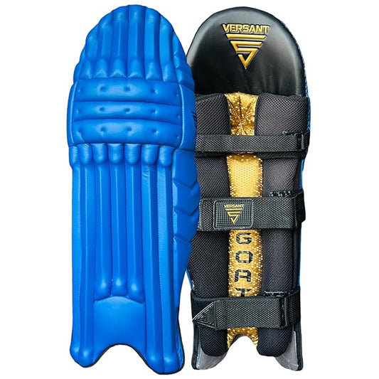 Cric Studio Canada Versant Batting Legguard GOAT Series with padded protection and adjustable straps, black and gray design.
