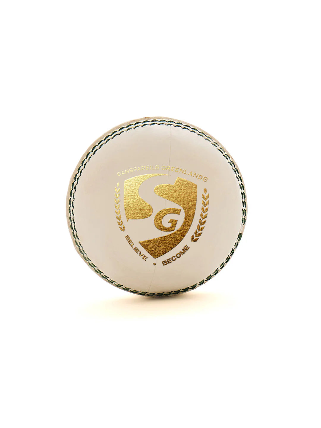 White cricket leather ball from SG SUPER 50 by Cric Studio Canada, showing close-up of smooth leather surface and stitching details.