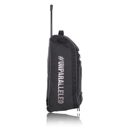 Cric Studio Canada junior kit bag with trolley, navy blue duffle design, featuring handles and wheels for easy carrying.