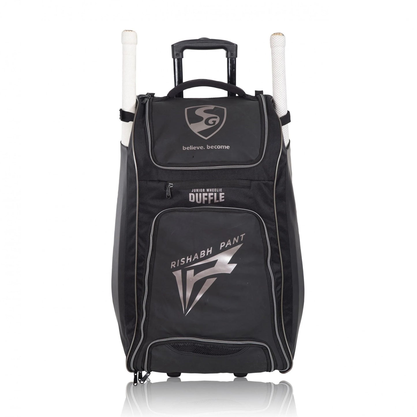 Cric Studio Canada junior kit bag with duffle trolley, black and red design, featuring handles and wheels for easy carrying.