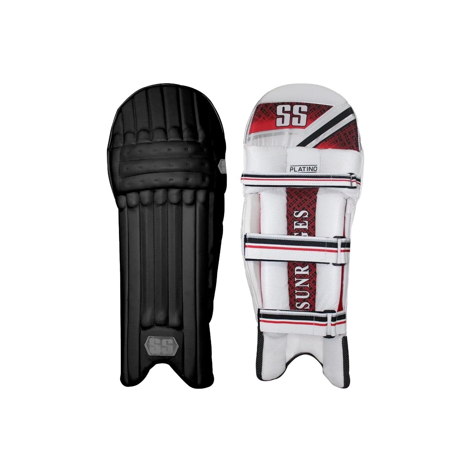 SS Platino Batting Leg Guard showing padded leg protection with adjustable straps and reinforced shin for cricket batting.