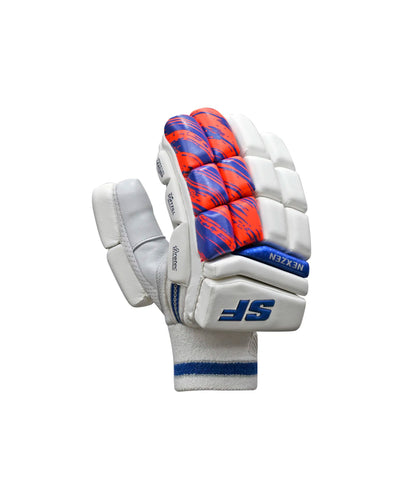 Back view of SF B/G Nexzen RH batting gloves by Cric Studio Canada showing black gloves with padded palms and adjustable wrist straps.