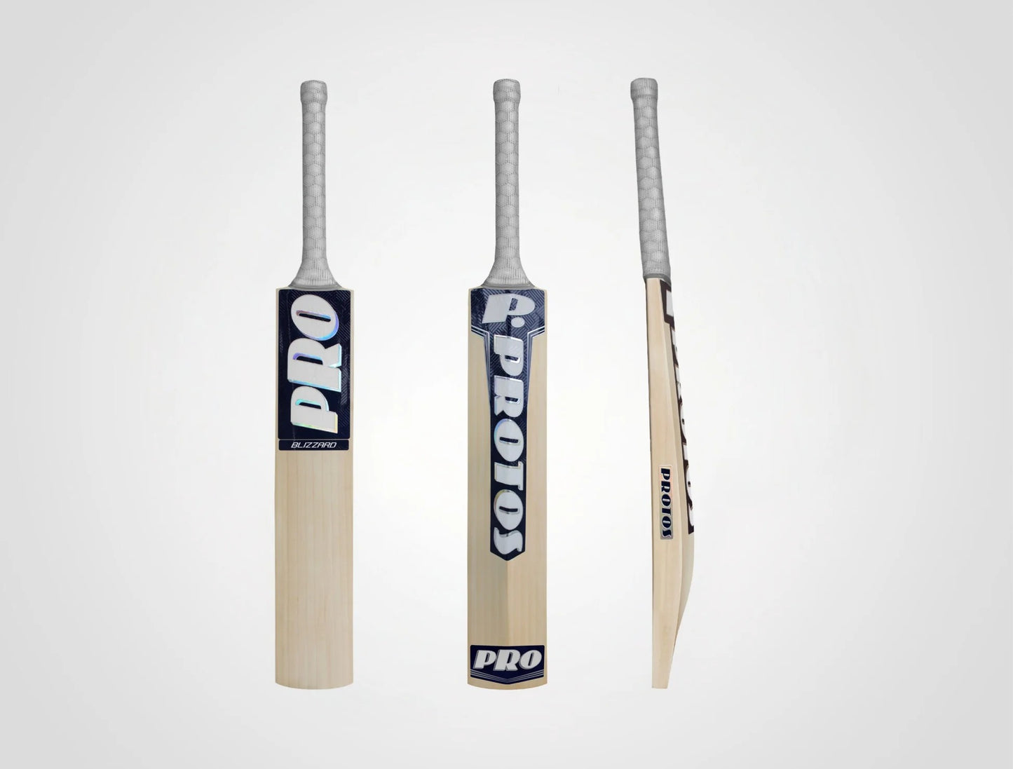 Protos Blizzard English Willow Cricket Bat with a sturdy blade and traditional grip, designed for powerful batting performance.
