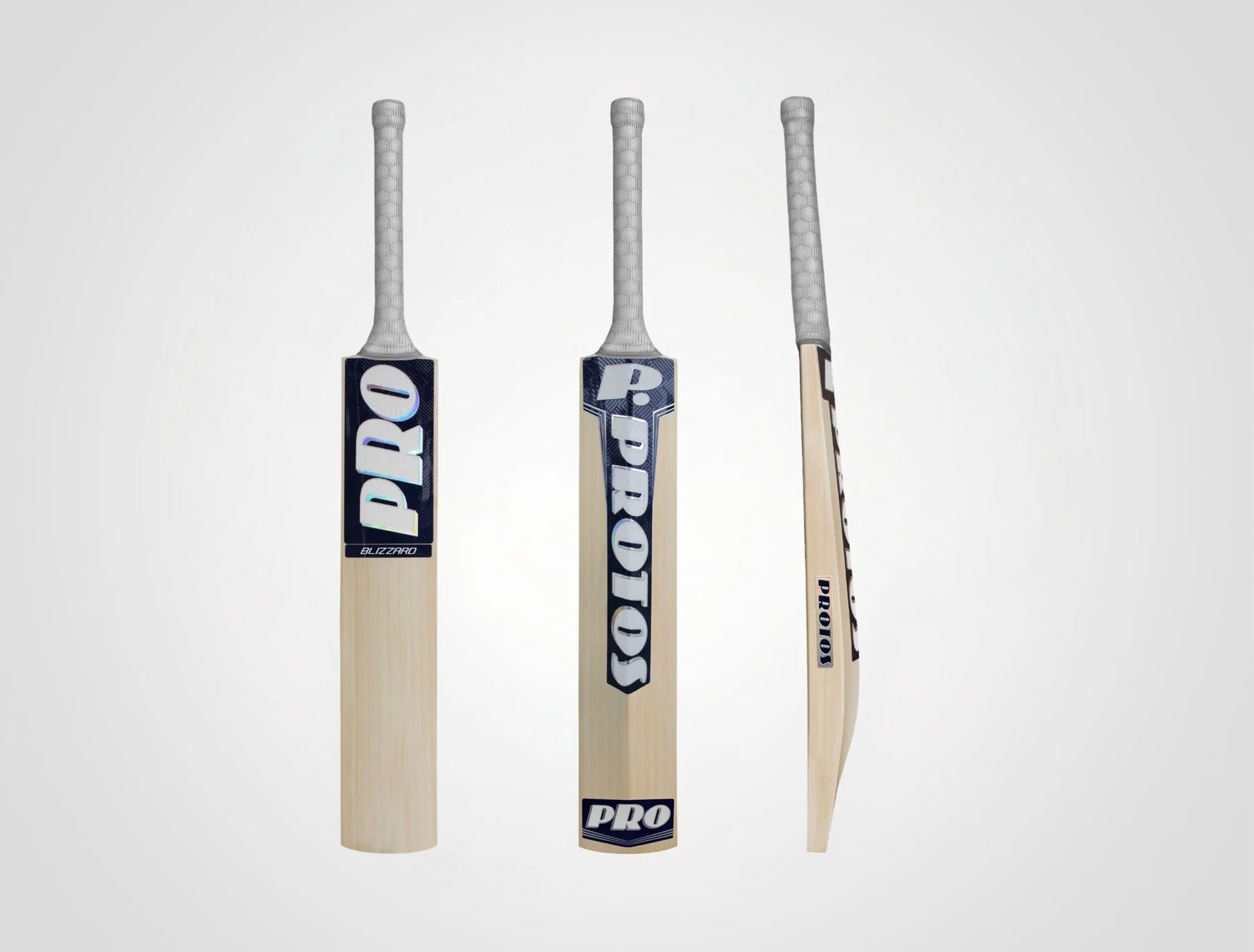 Protos Blizzard English Willow Cricket Bat with a sturdy blade and traditional grip, designed for powerful batting performance.