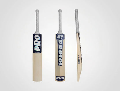 Protos Blizzard English Willow Cricket Bat with a sturdy blade and traditional grip, designed for powerful batting performance.