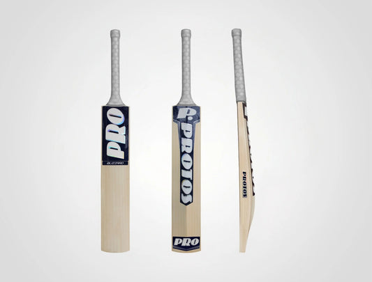 Protos Blizzard English Willow Cricket Bat with a sturdy blade and traditional grip, designed for powerful batting performance.