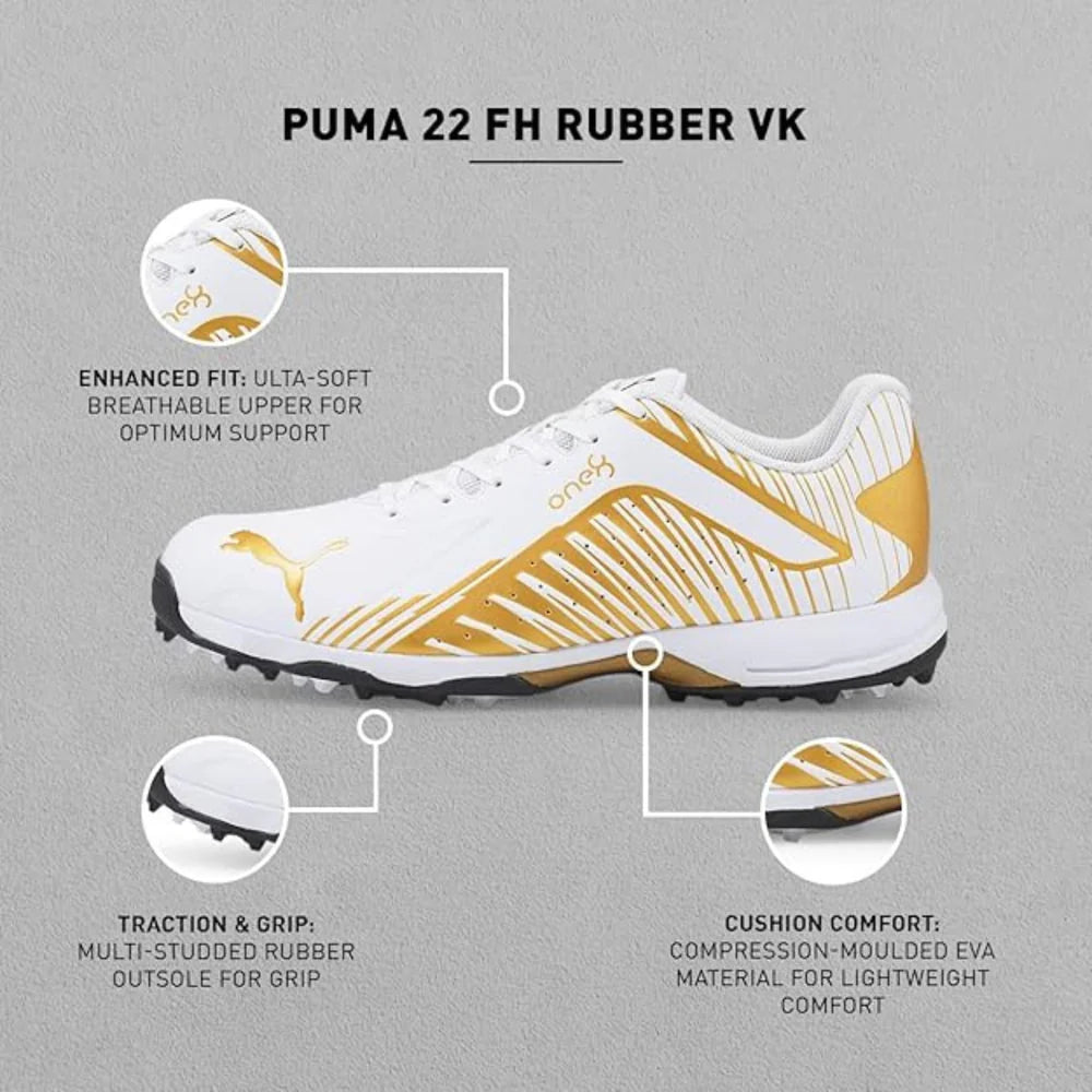 Puma Cricket Shoes 22 FH Rubber VK with black and white design, featuring cushioned soles and durable materials for optimal performance