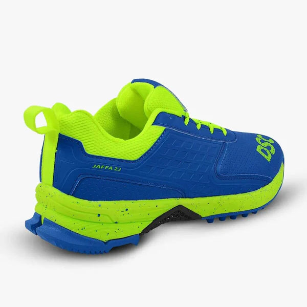 DSC Jaffa 22 cricket shoes in black with red accents, featuring supportive design and athletic sole for cricket players.