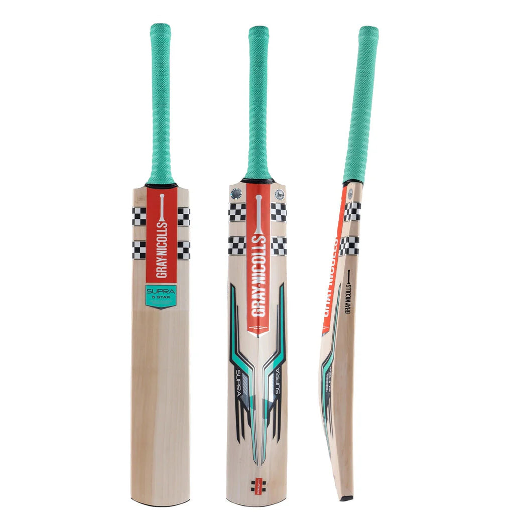 Cricket bat labeled BAT GN2 SUPRA by Cric Studio Canada, featuring a Grays-Nicolls Supra 5-Star design and wooden blade.
