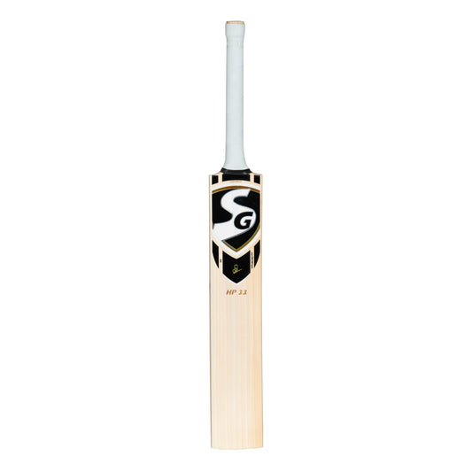 SG HP 33 English Willow Cricket Bat for 2025 season, showing the bat's handle, blade, and detailed grain in natural wood finish.