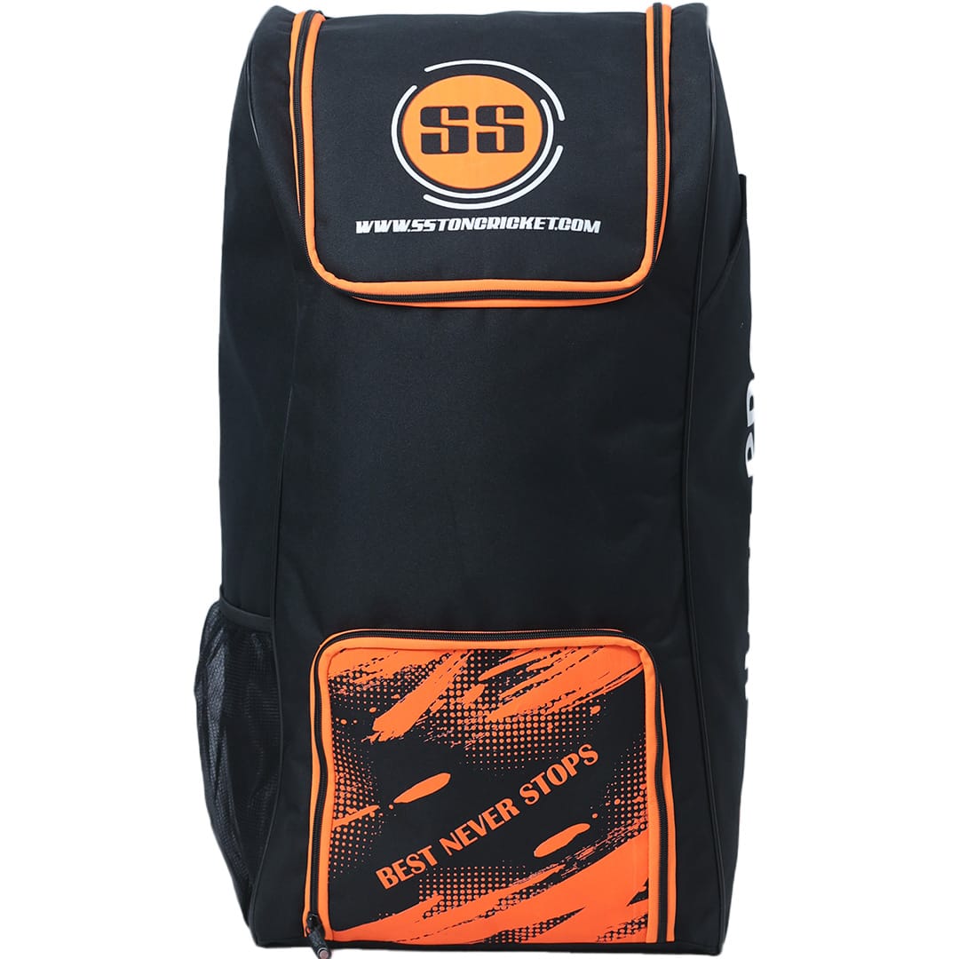 Cric Studio Canada SS Chase Pro Kit Bag, black cricket kitbag with multiple compartments and shoulder strap for easy carrying.