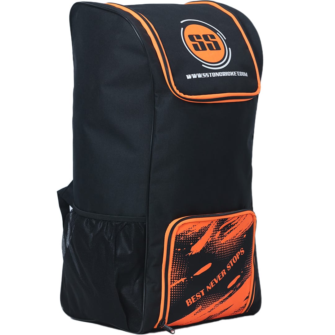 Cric Studio Canada SS Chase Pro Kit Bag, black cricket kitbag with multiple compartments and shoulder strap for easy carrying.