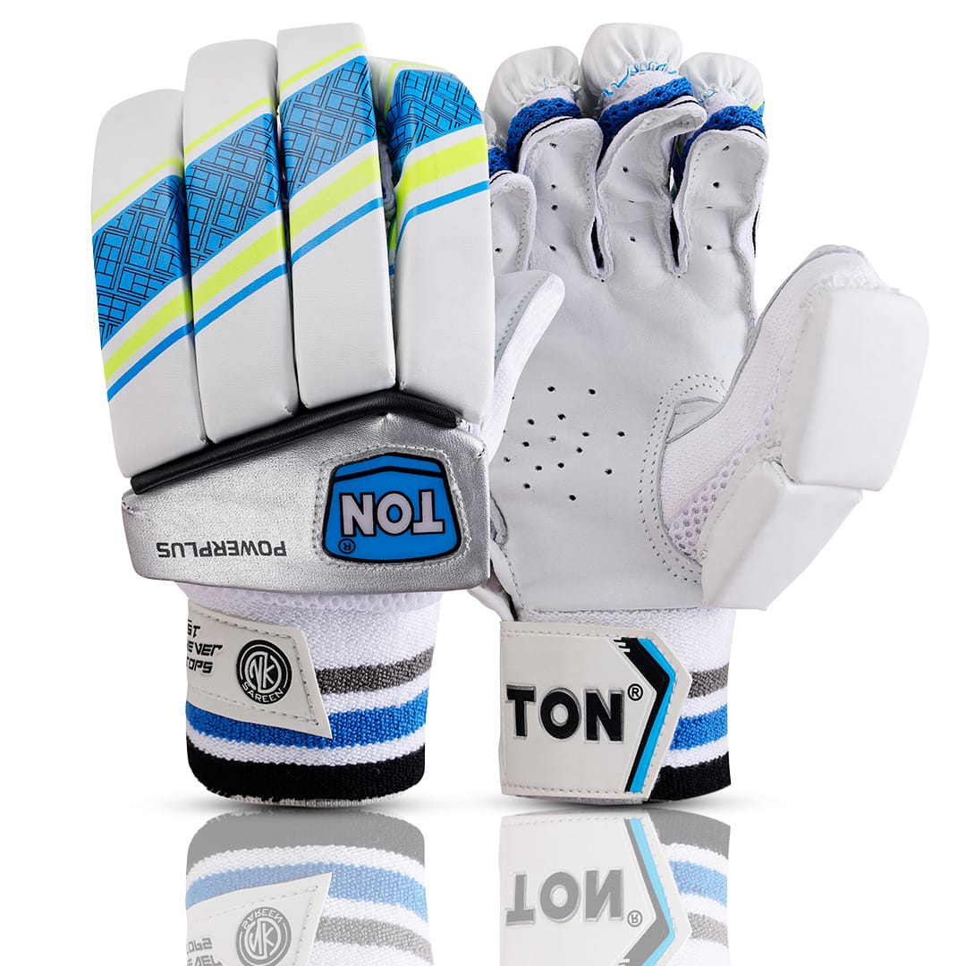 Cricket batting gloves from SS TON Power Plus by Cric Studio Canada, showing padded white and blue gloves with grip palms.