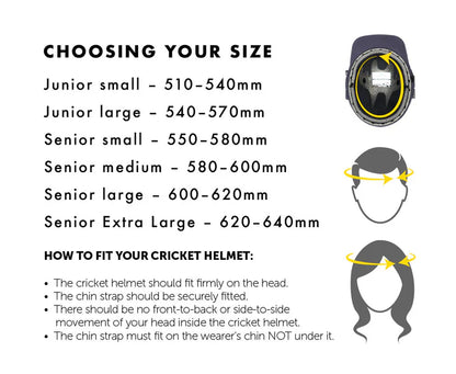 Masuri C Line Steel cricket helmet by Cric Studio Canada, shown with sizing guide for proper fit and protection.