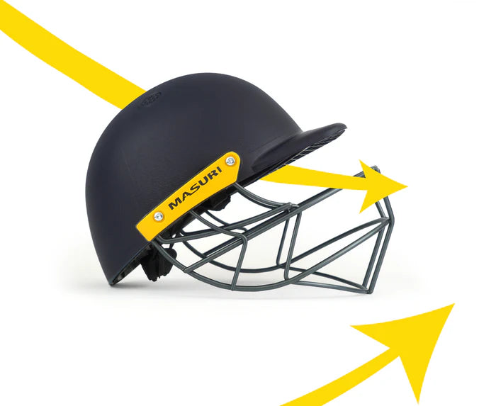 Steel Masuri C Line cricket helmet by Cric Studio Canada with protective faceguard and padded interior for secure fit.