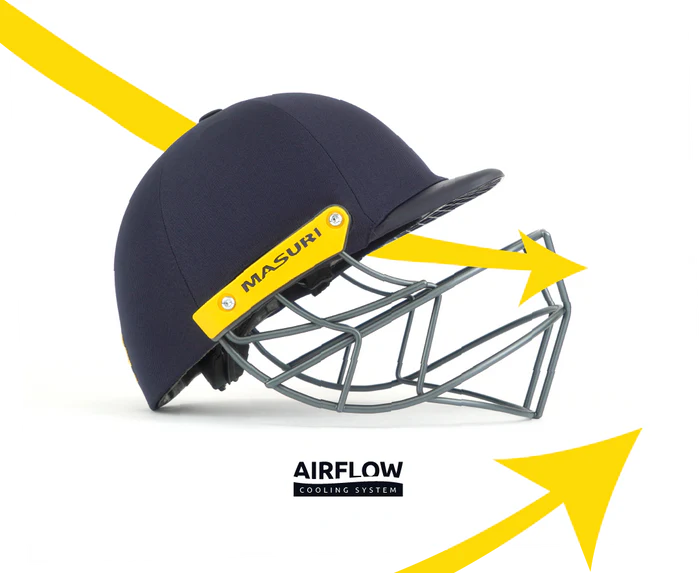 Cricket helmet by Cric Studio Canada, Masuri T Line Steel helmet with sturdy steel grille and protective padding.