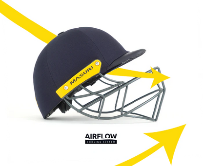 Cricket helmet by Cric Studio Canada, Masuri T Line Steel helmet with sturdy steel grille and protective padding.
